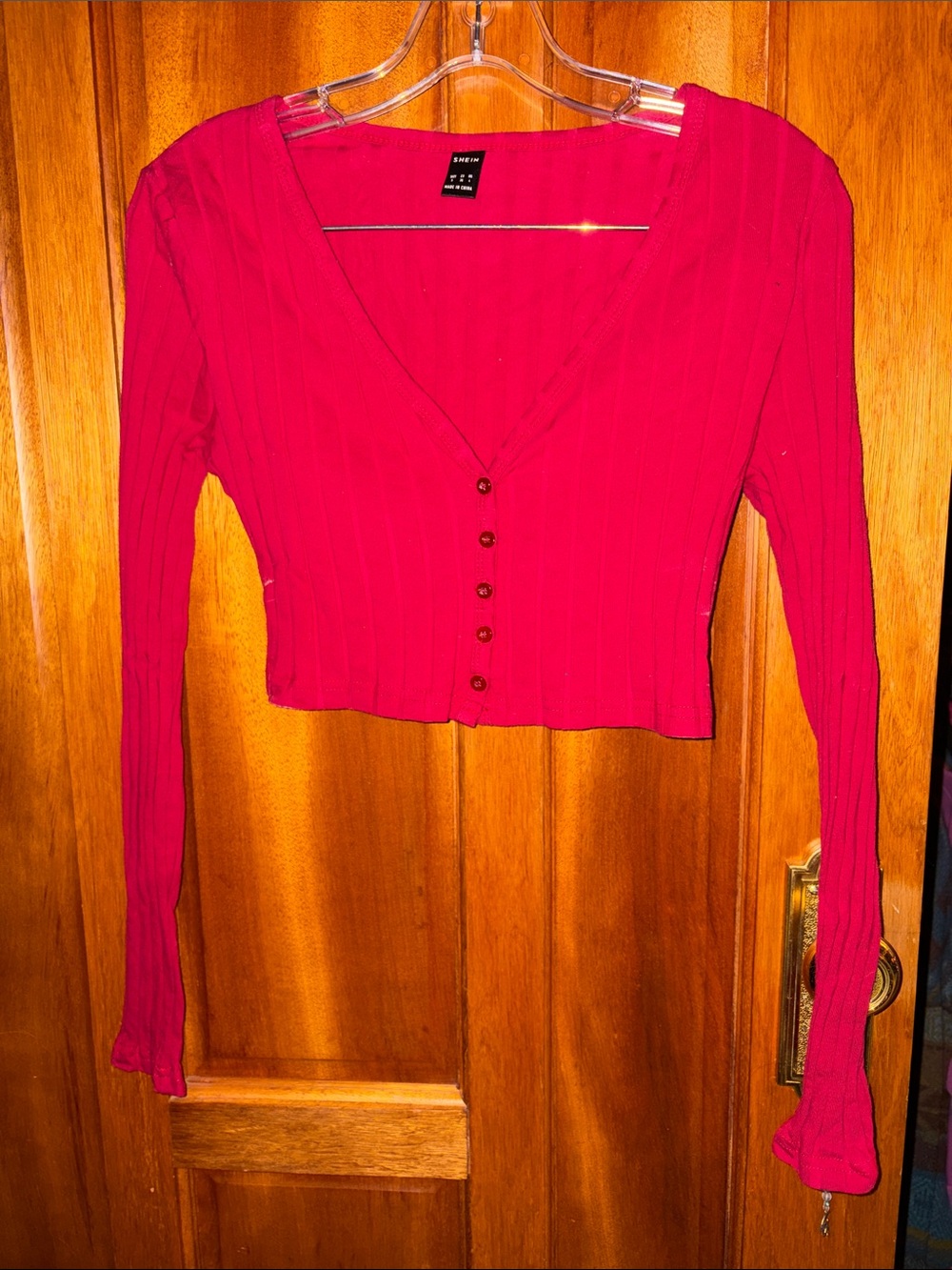 Bright Red Ribbed Cropped Button Cardigan